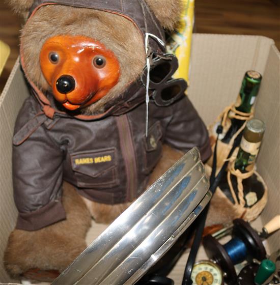 A Chrome wall clock, drum timepiece, 2 fishing feels, Chianti, Teddy bear etc